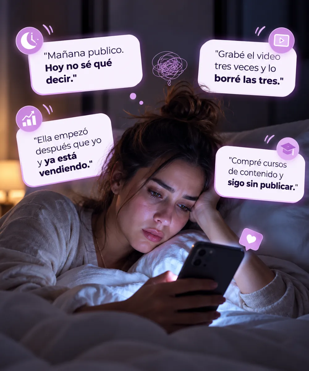 Mujer en la cama de noche con el celular, pensando: "Mañana publico. Hoy no sé qué decir." "Grabé el video tres veces y lo borré las tres." "Ella empezó después que yo y ya está vendiendo." "Compré cursos de contenido y sigo sin publicar."