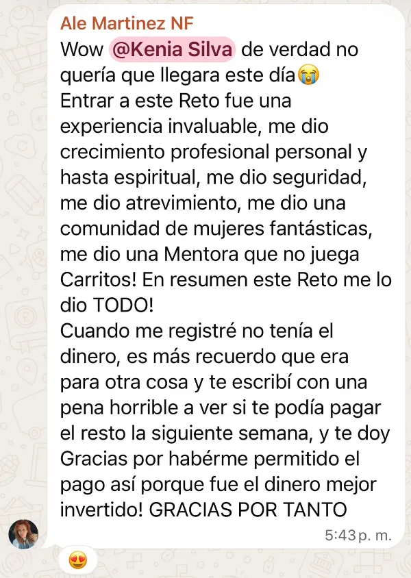 Mensaje de Ale Martinez en el grupo del Reto Imparable