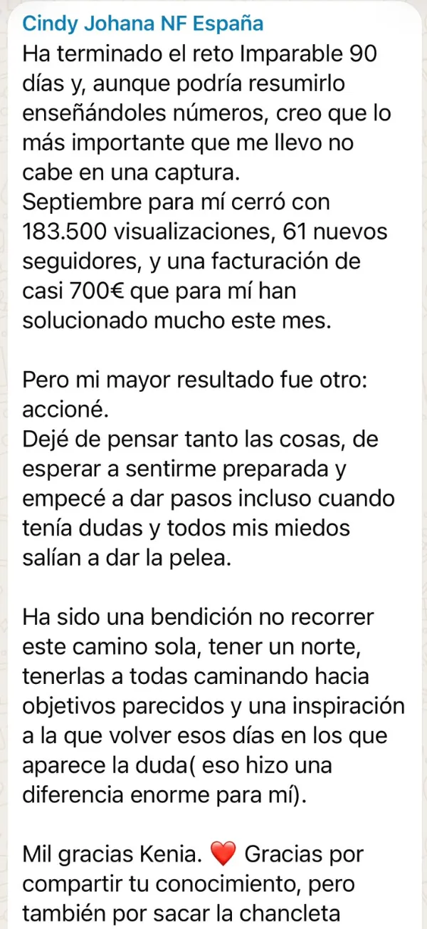 Mensaje de Cindy Johana en el grupo del Reto Imparable