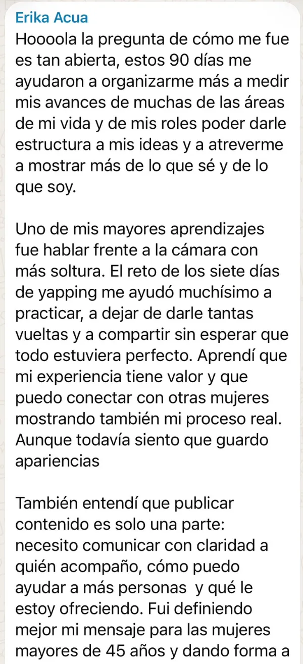 Mensaje de Erika Acua en el grupo del Reto Imparable