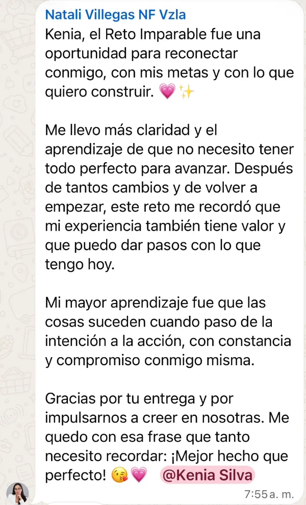 Mensaje de Natali Villegas en el grupo del Reto Imparable